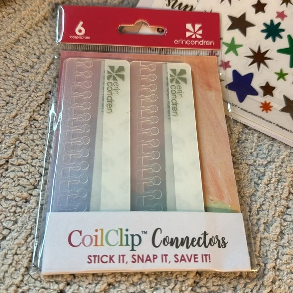 Erin Condren CoilClip Connectors (6) & 3 Sheets Stickers (stars, gift, sayings)
